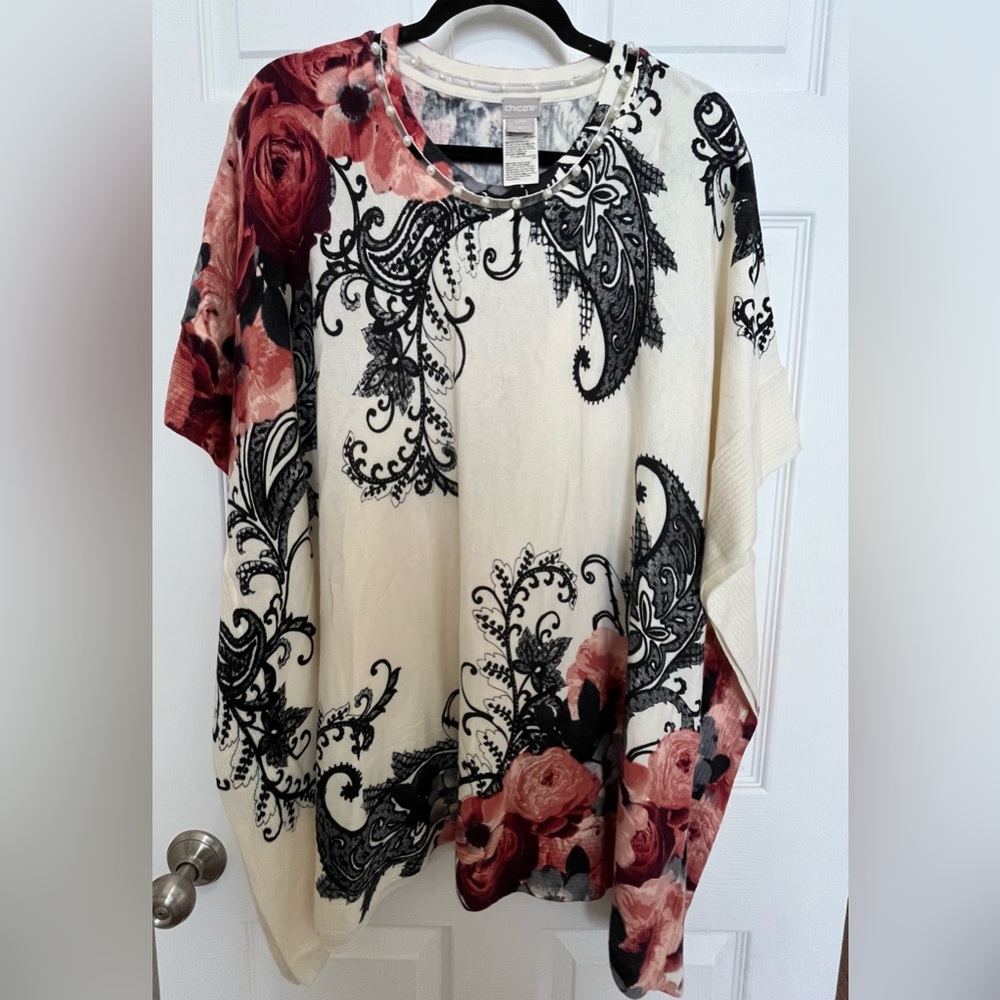 Chico's Women Tunic Top Knit Kimono Sleeve Caftan Floral Print Pearl